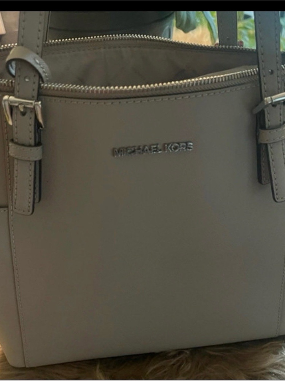 Source Unknown Gray Leather Tote with Silver Hardware